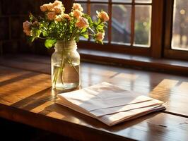 paper on the wooden table, real photography with smooth lighting and sun light AI generate photo