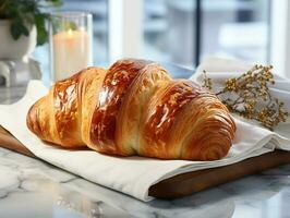 photography of french croissant on the white marble table AI generated photo
