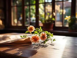 paper on the wooden table, real photography with smooth lighting and sun light AI generate photo