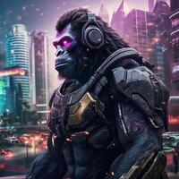 Cyberpunk themed image of a wounded gorilla cyborg AI generative photo