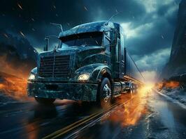 a white truck on highway, with galaxy background, insane detail made by AI generative photo