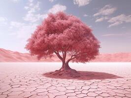 panoramic picture of a baby pink leafed tree in the middle of red utopia desert AI generative photo