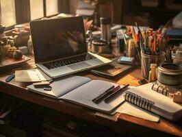 stationaries with laptop on chaotic work desk, sun light, insane detail AI generative photo