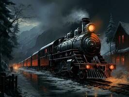 a train in the snow with dark background, insane detail Made By AI generative Photo