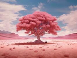 panoramic picture of a baby pink leafed tree in the middle of red utopia desert AI generative photo