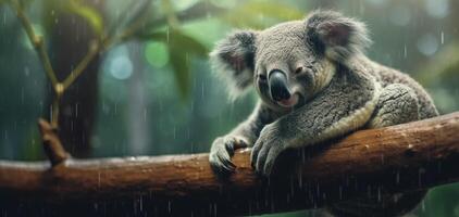 Realistic photo of a koala sleeping on a tree Branch with a rainforest background after rain generated by AI