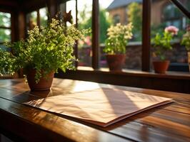 paper on the wooden table, real photography with smooth lighting and sun light AI generate photo