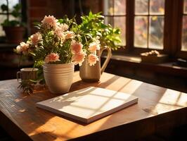 paper on the wooden table, real photography with smooth lighting and sun light AI generate photo