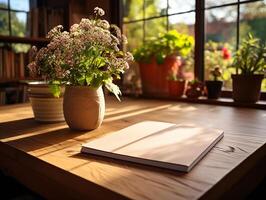 paper on the wooden table, real photography with smooth lighting and sun light AI generate photo