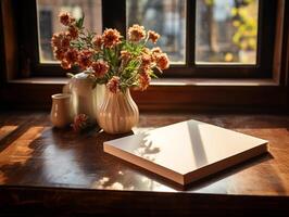 papel en el de madera mesa, real fotografía con suave Encendiendo y Dom ligero ai generar foto