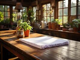 paper on the wooden table, real photography with smooth lighting and sun light AI generate photo
