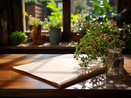 paper on the wooden table, real photography with smooth lighting and sun light AI generate photo