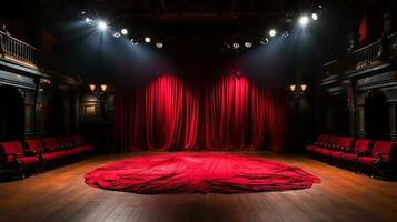theater stage, with red curtain, wooden floor, chairs and lighting AI generative photo