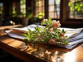 paper on the wooden table, real photography with smooth lighting and sun light AI generate photo