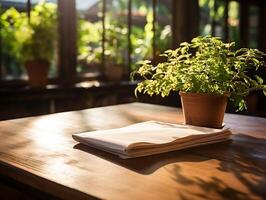 paper on the wooden table, real photography with smooth lighting and sun light AI generate photo