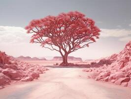 panoramic picture of a baby pink leafed tree in the middle of red utopia desert photo