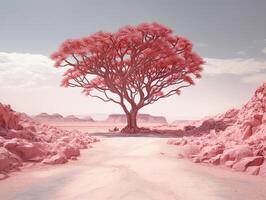 panoramic picture of a baby pink leafed tree in the middle of red utopia desert AI generative photo