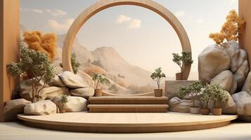 Podium background with cream color tone japanese style made by photo