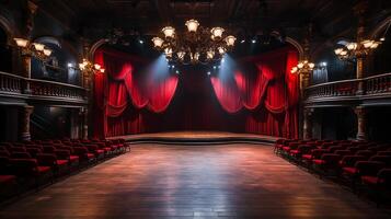 theater stage, with red curtain, wooden floor, chairs and lighting AI generative photo