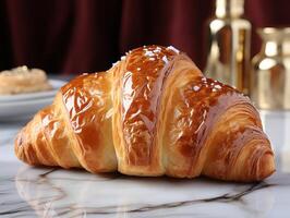 photography of french croissant on the white marble table AI generated photo