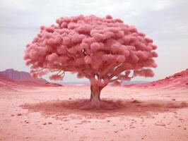 panoramic picture of a baby pink leafed tree in the middle of red utopia desert AI generative photo