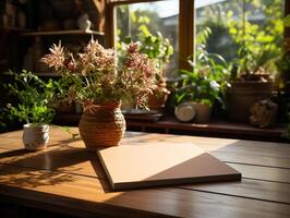 paper on the wooden table, real photography with smooth lighting and sun light AI generate photo