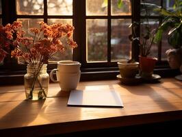 paper on the wooden table, real photography with smooth lighting and sun light AI generate photo