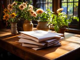 paper on the wooden table, real photography with smooth lighting and sun light AI generate photo