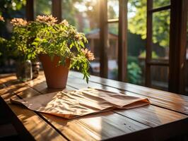 paper on the wooden table, real photography with smooth lighting and sun light AI generate photo