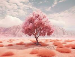 panoramic picture of a baby pink leafed tree in the middle of red utopia desert AI generative photo