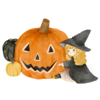 Girl with pumpkin halloween watercolor png