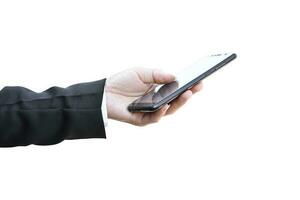 Businessman hand holding blank screen smartphone, Isolated on white background with clipping path. photo