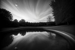 A Black And White Photo Of A Pond. AI Generated