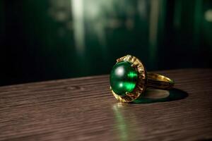 A Green Ring Sitting On Top Of A Wooden Table. AI Generated photo