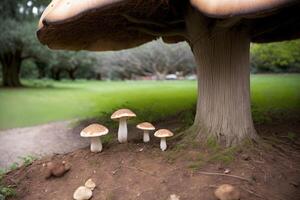 A Group Of Mushrooms Sitting On Top Of A Dirt Field. AI Generated photo