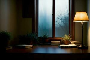 un lámpara sentado en parte superior de un mesa siguiente a un ventana. ai generado foto
