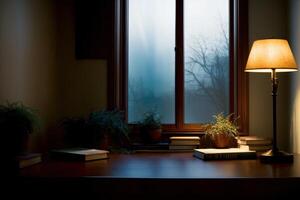 A Lamp Sitting On Top Of A Table Next To A Window. photo