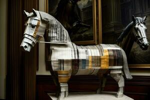 A Horse Made Out Of Newspaper Sitting In Front Of A Painting. AI Generated photo