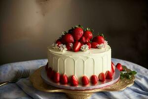 un cerca arriba de un pastel con fresas en cima. ai generado foto