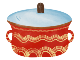 watercolor drawing of cute red pot with lid png