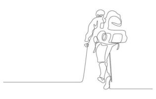 man trekking hiking with backpacking one line drawing vector