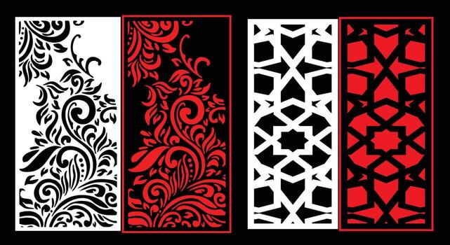 Decorative wall panels set Jali design CNC pattern, laser cutting pattern, router CNCcutting. vector