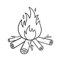 Hand drawn fire and firewood black and white icon. Camping vector sketch