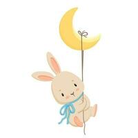 Cute bunny with bow hanging on moon. Lovely rabbit character illustration for nursery. Hare with crescent moon isolated on white. Vector cartoon clipart