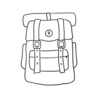 Backpack camping. Vector outline illustration. Doodle line sketch hiking bag