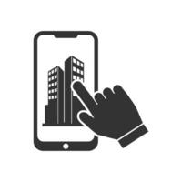 Vector illustration of book a hotel on a smartphone icon in dark color and white background