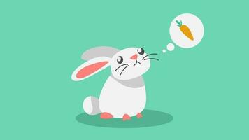 dessin animé animation de une mignonne lapin en pensant à propos nourriture, carotte. adapté pour animal, animal de compagnie, mammifère, animal amoureux, faim thème. video