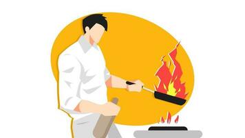 male chef character animation cooking with fire. chef's unique skills and performance. suitable for cooking themes, professions, hobbies, acrobatics, etc. alpha transparency background. flat style. video