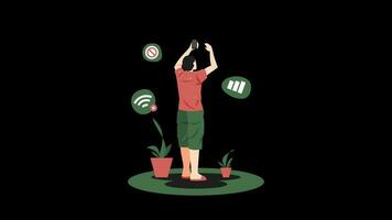 man looking for a smartphone signal. network icon, wifi icon, missing icon and ornamental plant. suitable for technology, problem, business, etc. themes. alpha transparent. flat cartoon style. video