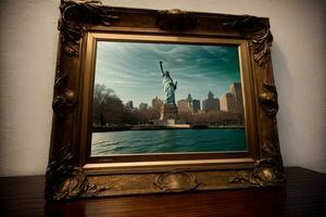 A Picture Of The Statue Of Liberty In A Gold Frame. AI Generated photo